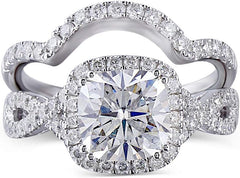 2 PC Cushion Cut CVD Diamond Sterling Silver Halo Bridal Wedding & Engagement Ring Set for Women