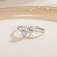 2 PC Pear (Teardrop) Cut CVD Diamond Sterling Silver Halo Bridal Engagement Ring & Wedding Band Set for Women