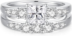 2 PC Princess Cut Moissanite Engagement Ring Set for Women Sterling Silver Wedding Ring for Women