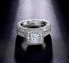 2 PC Princess Cut CVD Diamond Sterling Silver Stackable Bridal Wedding & Engagement Ring Set