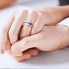 2 PC Princess Cut Three-Stone CVD Diamond 10K Gold Bridal Wedding Engagement Ring Set for Women