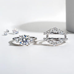 2 PC Round CVD Diamond Wedding Ring Set 18K Gold Engagement Rings Bridal Set for