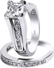 2PC Princess Cut CVD Diamond Sterling Silver Bridal Engagement Wedding Ring Set for Women