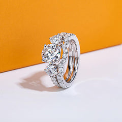 2 PC Round Brilliant Cut Moissanite Sterling Silver Bridal Wedding Ring Set with Engagement Ring & Band for Women