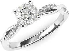 Solid 14k White Gold 1 Carat Round Cut Moissanite Engagement Ring with Twisted Pavé Band