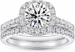 2PC Halo Moissanite Bridal Engagement & Wedding Ring Set for Women – Sterling Silver Promise Anniversary Rings