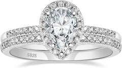 2 PC Pear (Teardrop) Cut Moissanite Sterling Silver Halo Bridal Engagement Ring & Wedding Band Set for Women