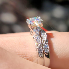 2 PC Round Cut Moissanite Sterling Silver Vintage Antique Bridal Engagement & Wedding Ring Set for Women