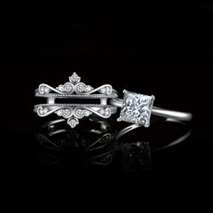 2 PC Vintage Princess Cut CVD Diamond Solitaire Sterling Silver Bridal Engagement & Crown Enhancer Wedding Ring Set