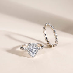 Pear Cut Moissanite Sterling Silver Vintage Bridal Ring Set with Engagement & Wedding Bands for Women