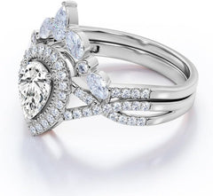 2 PC Pear Cut Moissanite Sterling Silver Bridal Wedding & Engagement Ring Set for Women