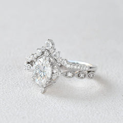 2PC Oval Cut CVD Diamond Sterling Silver Vintage Vine Bridal Engagement Ring & V-Shaped Wedding Band Set for Women