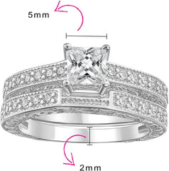 2 PC Princess Cut Solitaire Cathedral Setting Moissanite Sterling Silver Bridal Wedding & Engagement Ring Set for Women