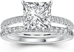 2 PC Princess Brilliant Cut Moissanite Sterling Silver Bridal Wedding & Engagement Ring Set for Women