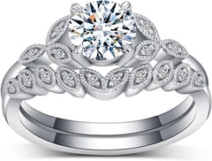 Vintage Leaf Design Moissanite 925 Sterling Silver Bridal Engagement & Wedding Ring Set for Women