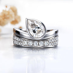 2 PC Pear Cut Crushed Ice Moissanite Sterling Silver Engagement & Wedding Guard Wrap Enhancer Ring Set