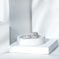 2 PC Round Brilliant Cut Halo Moissanite Sterling Silver Bridal Wedding & Engagement Ring Enhancer Set for Women