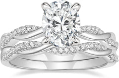 2 PC Oval Cut Moissanite Sterling Silver Twisting Infinity Pave Bridal Engagement Ring & Wedding Band Set for Women