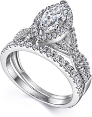 2 PC Marquise Cut CVD Diamond Vintage Platinum Plated 10K Gold Bridal Wedding Engagement Ring Set for Women