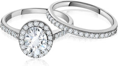 2 PC Oval Shape CVD Diamond Sterling Silver Halo Bridal Wedding & Engagement Ring Set