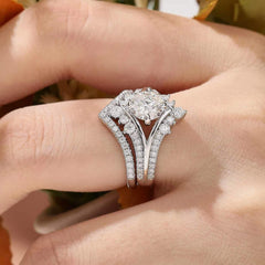 2 PC Round Cut CVD Diamond Chevron Bridal Set Wedding Rings for Women in Sterling Silver