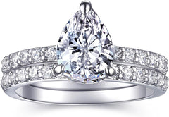 2PC Pear Cut CVD Diamond Sterling Silver Engagement Ring Set with Wedding Band for Women