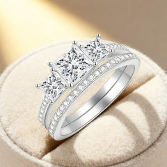 2 PC Princess Cut 3-Stone CVD Diamond Bridal Wedding & Engagement Ring Set for Women