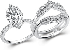 2 PC Marquise Cut Moissanite Vintage Sterling Silver Bridal Wedding & Engagement Ring Set with Insert Band