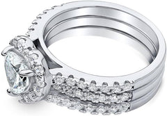 3PC Heart Cut CVD Diamond Sterling Silver Halo Bridal Engagement & Wedding Ring Set for Women
