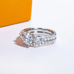2PC Round Brilliant Cut Moissanite Sterling Silver Bridal Wedding Ring Set & Engagement Band for Women