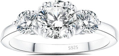 3-Stone CVD Diamond 925 Sterling Silver Bridal Engagement & Promise Ring for Women
