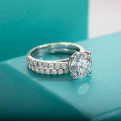 Round Cut Center Moissanite Sterling Silver Bridal Engagement & Wedding Ring Set for Women