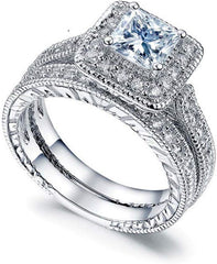2 PC Princess Cut Square CVD Diamond Bridal Wedding Engagement Ring Set for Women