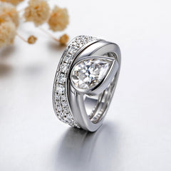 2 PC Pear Cut Crushed Ice Moissanite Sterling Silver Engagement & Wedding Guard Wrap Enhancer Ring Set