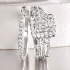 Triple Baguette Emerald-Cut Moissanite Sterling Silver Bridal Engagement & Wedding Ring Set for Women