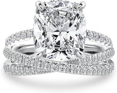 2 PC Cushion Cut CVD Diamond 10K Gold Bridal Engagement Ring Set with X-Shaped Pavé Wedding Band