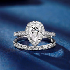 Teardrop (Pear Cut) Halo Moissanite 925 Sterling Silver Bridal Engagement & Wedding Ring Set for Women