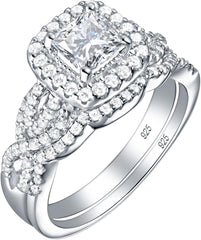 Moissanite Halo Engagement Ring Set with Wedding Band for Women in Sterling Silver