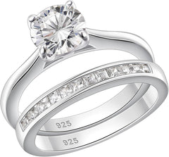 2 PC Round Brilliant Cut CVD Diamond Sterling Silver Solitaire Bridal Wedding & Engagement Ring Set for Women
