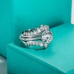 3 PC Round Cut Moissanite Sterling Silver Bridal Engagement & Wedding Ring Set