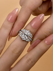 2 PC Oval Cut Moissanite Sterling Silver Insert Bridal Wedding & Engagement Ring Set for Women