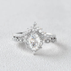 2 PC Oval Cut CVD Diamond Vintage Vine V-Shaped Sterling Silver Bridal Wedding & Engagement Ring Set for Women