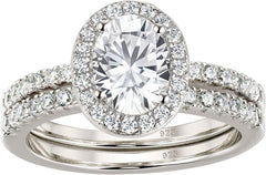 2PC Oval Cut CVD Diamond Sterling Silver Halo Bridal Engagement & Wedding Ring Set for Women