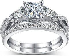 2 PC Princess Cut 3-Stone Infinity CVD Diamond Sterling Silver Bridal Wedding & Engagement Ring Set for Women