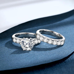 2 PC Round Cut Moissanite Sterling Silver Bridal Engagement Ring Set with Wedding Band for Women