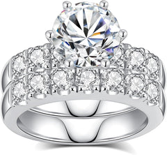 2PC Round Cut Moissanite 925 Sterling Silver Bridal Engagement & Wedding Ring Set for Women