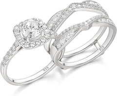 2 PC Round Brilliant Cut CVD Diamond Sterling Silver Bridal Engagement Ring Set with Enhancer Wrap Band