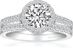 2 PC Round Cut Halo CVD Diamond Sterling Silver Bridal Wedding & Engagement Ring Set for Women