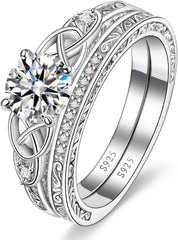 2 PC Round Brilliant Cut Vintage Celtic Knot Moissanite Sterling Silver Bridal Wedding & Engagement Ring Set for Women