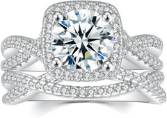 2 PC Round Cut Moissanite Halo 925 Sterling Silver Bridal Engagement & Wedding Ring Set for Women